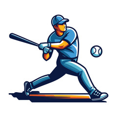 Fototapeta premium Baseball softball player in action vector illustration, hitter swinging with bat design template isolated on white background
