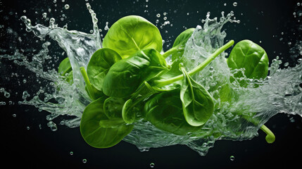 Smooth Fresh organic raw green Spinach Vegetables falling into water and splashes