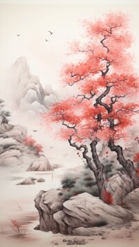 A Vibrant Painting of a Tree with Red Leaves