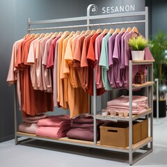 Gradient clothing display rack with clothes and blankets