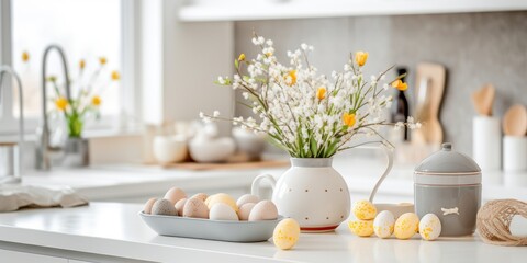 Easter-themed decorations in a bright Scandinavian-style kitchen for the cozy home ambiance of Easter 2022.