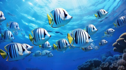 Fototapeta na wymiar graceful dance of a school of vibrant blue striped fish gliding through the ocean depths.