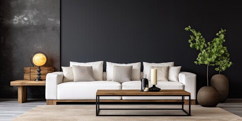 Modern living room with white sofa, wooden table and black carpet