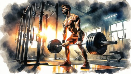 The image depicts a man performing a deadlift in a gym, highlighted by dramatic lighting.