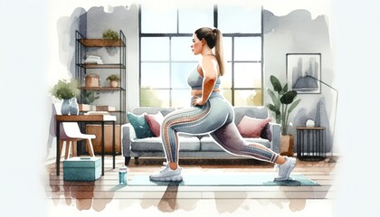 Fototapeta na wymiar The image features a woman in a lunge position during an indoor workout, focused and poised.