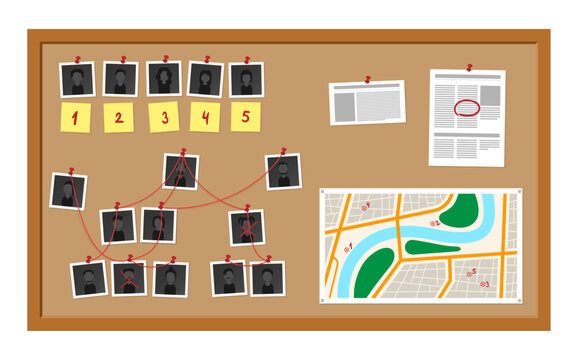 Detective board vector illustration. Investigation plan with pinned photos, newspapers, map and notes for solve the crime.