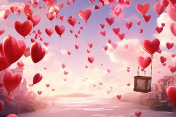 A vibrant assortment of hearts suspended in mid-air, creating a captivating visual representation of love and affection, A love letter being sent off with Valentine's Day heart balloons, AI Generated