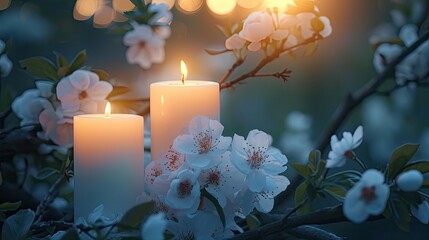White flowering branch and white candle lights outside in a garden, floral concept for contemplative atmosphere