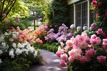 Fototapeta na wymiar A stunning garden with an abundance of pink and white flowers creates a vibrant and colorful display, A lush garden filled with mom's favorite flowers, AI Generated