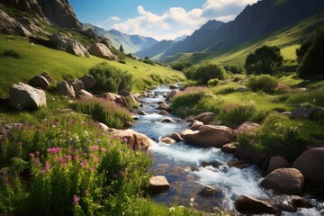 Naklejka na ściany i meble A picturesque stream winds its way through a lush green valley, creating a soothing and refreshing scene of natural beauty, A lush valley filled with wildflowers and a bubbling brook, AI Generated