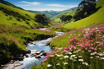 A picturesque scene of a stream gently flowing through a lush green hillside, A lush valley filled with wildflowers and a bubbling brook, AI Generated