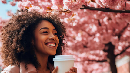 Modern happy young smiling dark-skinned African woman with a glass of coffee against the backdrop of pink cherry blossoms and metropolis city. - obrazy, fototapety, plakaty