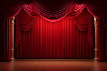 Empty theater stage with red velvet curtains. Ai generative