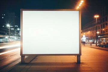 blank billboard stands on a busy city sidewalk, ready to be adorned with stories against the backdrop of the city life