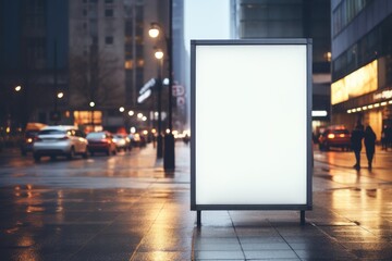 glowing blank billboard mockup stands on a rain slicked sidewalk, the city's evening pulse moving around it, in the bustling urban setting