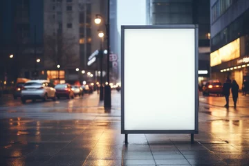 Foto op Aluminium glowing blank billboard mockup stands on a rain slicked sidewalk, the city's evening pulse moving around it, in the bustling urban setting © gankevstock
