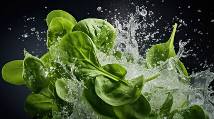 Smooth Fresh organic raw green Spinach Vegetables falling into water and splashes