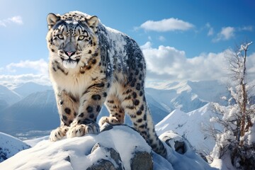 Fototapeta premium A snow leopard stands majestically on top of a mountain covered in pristine white snow, A majestic snow leopard prowling on a frost-covered mountain top, AI Generated