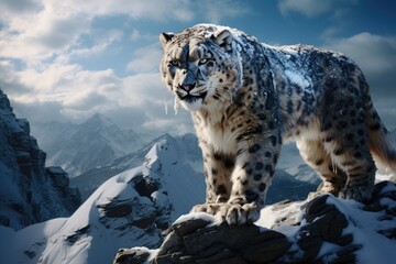 Obraz premium A majestic snow leopard stands proudly atop a glistening snow covered mountain, A majestic snow leopard prowling on a frost-covered mountain top, AI Generated