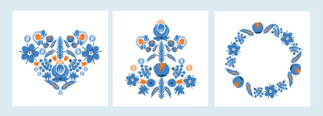 Poster in Ukrainian style. Traditional Ukrainian painting of Petrykiv. Elements of blue and yellow floral ornament. 