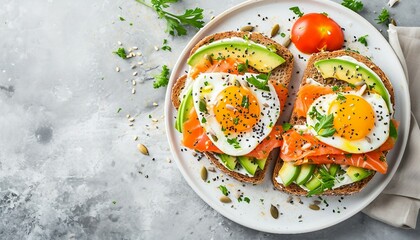 Healthy open-faced sandwiches on multigrain toast with avocado, salmon, eggs, herbs, sunflower seeds on white plate on concrete background, a plate with a sandwich and a fried egg on it with avocado. - obrazy, fototapety, plakaty