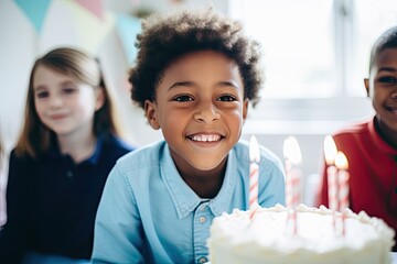 A diverse group of adorable kids celebrating a birthday with cake, candles, and joy.