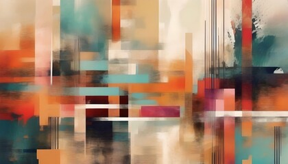 An abstract multicolor painting with rectangles and stripes on a canvas. Contemporary surrealist painting. Modern poster for wall decoration - obrazy, fototapety, plakaty