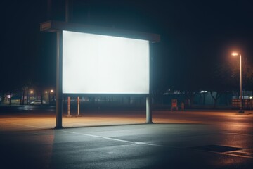 blank billboard looms over a glistening parking lot, with the misty ambiance of the city night and distant traffic lights - obrazy, fototapety, plakaty