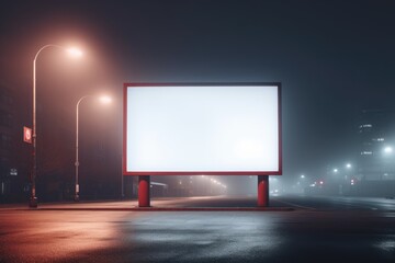 blank billboard looms over a glistening parking lot, with the misty ambiance of the city night and distant traffic lights - Powered by Adobe