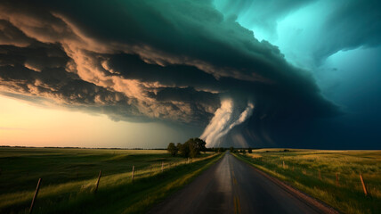 Huge supercell thunderstorm over farmland
