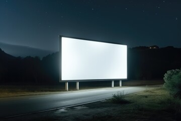 solitary blank billboard towers over a quiet highway under a star studded sky, offering a clear canvas against the nocturnal serenity