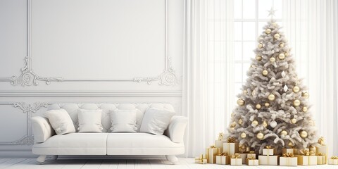 White room Christmas tree with white sofa.