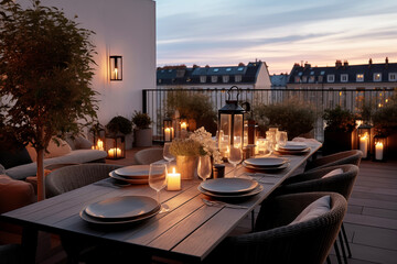 Roof terrace with festive table setting for romantic dinner by candlelight with city view. Decorations for Valentine's Day, Engagement, Date - obrazy, fototapety, plakaty