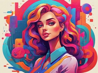 Beautiful girl with colorful hair. Colorful background. Digital painting.