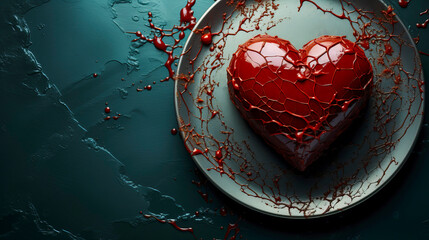Heart-shaped cake covered with red icing on gray plate. On dark turquoise background. Decorated with streaks of red cream in the form of blood vessels. Haute cuisine. Top view. Close-up. - obrazy, fototapety, plakaty