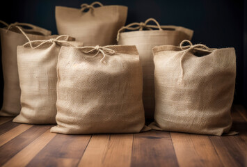 Brown cloth bags full of products are stored on the wooden floor. Jute bags are tied with natural twine. On dark background with space for text, natural side lighting. Copy space. Mock-up.