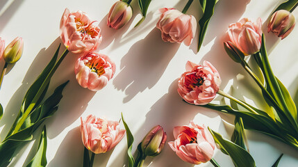 Fresh spring colorful tulips. Spring flowers flat lay on pastel light background with shadows and place for text. Festive concept for Valentine's Day or Mother's Day. Top view. Copy space.