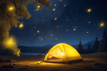 Fototapeta na wymiar Starry night camp. Yellow light inside tent, shooting stars backdrop. Capturing the essence of holiday camping under the stars.