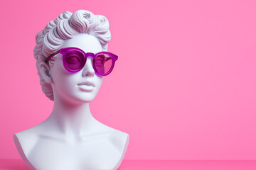 Ancient female greek sculpture wearing pink sunglasses. Greek goddess bust sculpture in glasses....