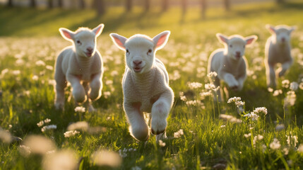 happy lambs run in the meadows.Generative AI - obrazy, fototapety, plakaty
