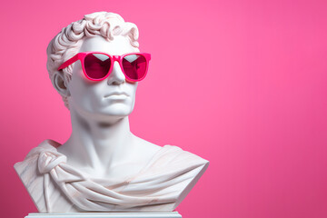 Ancient greek sculpture wearing pink sunglasses. Bust sculpture in glasses. Minimal composition, modern art, party, vacation and romantic concept