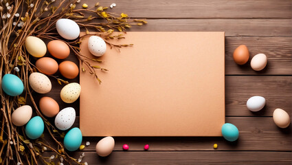 Easter eggs and willow on wooden background with blank beige card. Greeting card for Valentine's Day