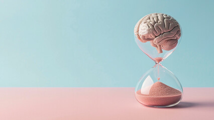 Human brain in hourglass, medical and psychology concept, brain aging, memory loss, Alzheimer's disease, mental health, thinking process, lifetime. Time is running, flow of time, passing countdown. - obrazy, fototapety, plakaty