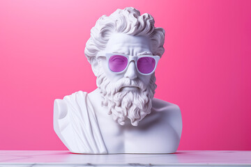 Ancient greek sculpture wearing pink sunglasses. Bust sculpture in glasses. Minimal composition, modern art, party, vacation and romantic concept