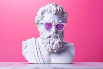 Foto op Canvas Ancient greek sculpture wearing pink sunglasses. Bust sculpture in glasses. Minimal composition, modern art, party, vacation and romantic concept © Magryt