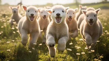 Fotobehang happy lambs run in the meadows.Generative AI © Артур Комис