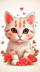 Cute little cat with hearts, flowers and a gift. Cute valentine with a cat. A beautiful background for Valentine's Day or a wedding.