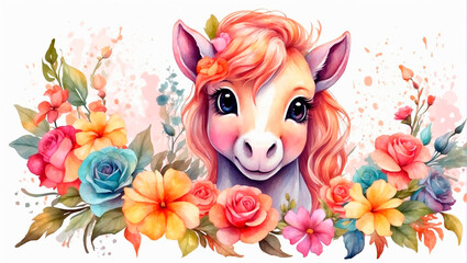 little cute colored pony among flowers