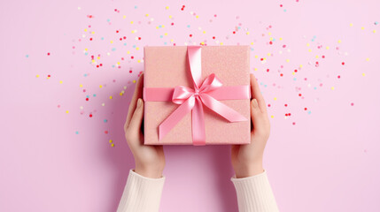 Woman hands holding gift or present box decorated confetti on pink pastel background, Top view, Flat lay composition for birthday or wedding, copy space, generative ai