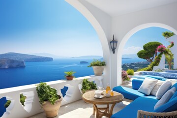A patio featuring a simple blue couch and a table for ultimate relaxation and comfort, A Mediterranean villa overlooking the crystal-blue ocean, AI Generated